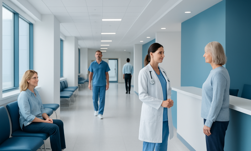 Healthcare professionals and patients in a modern hospital corridor.