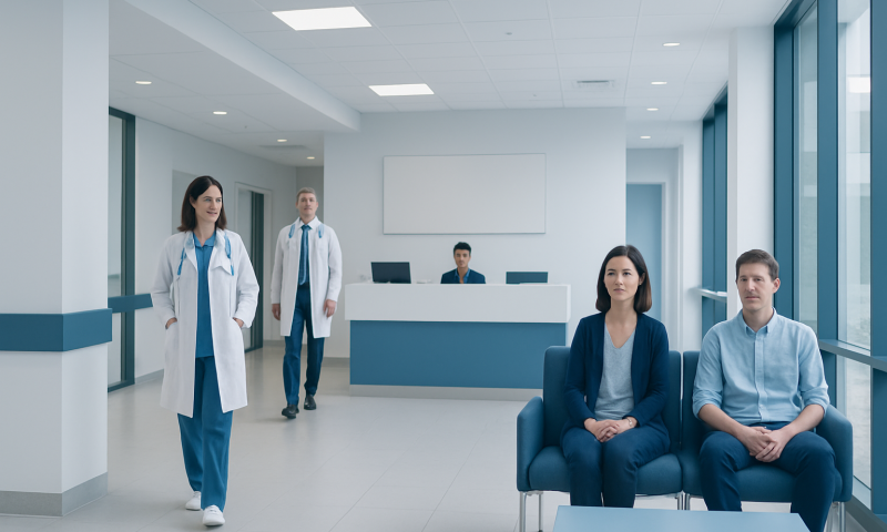 Modern hospital waiting area with patients and medical staff.