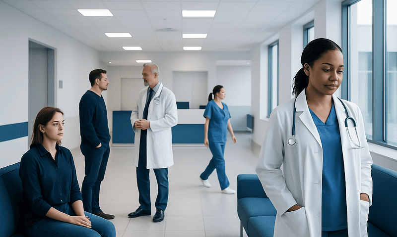 Healthcare professionals and patients in a modern hospital corridor.
