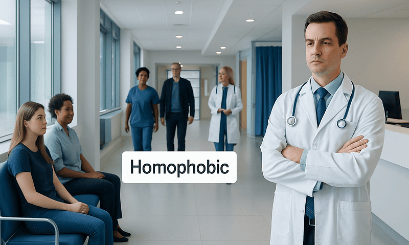 Healthcare professional with patients in a hospital corridor.