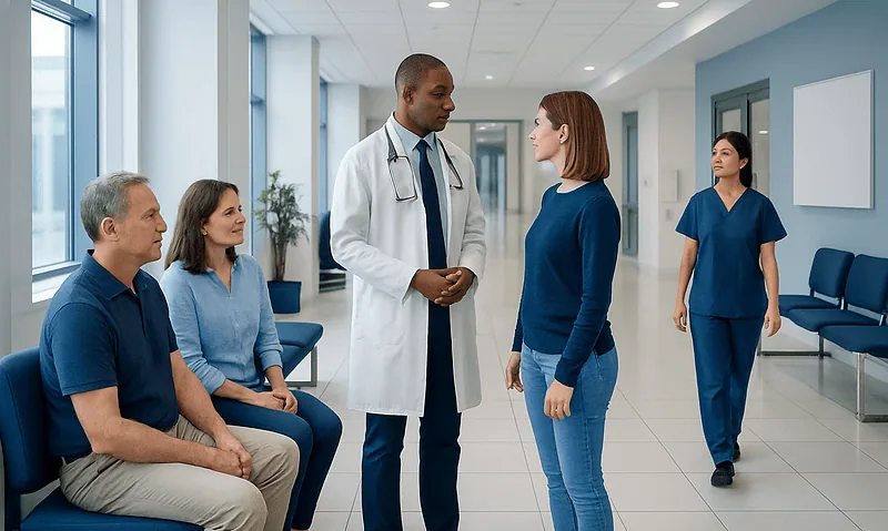 Doctor consulting with patient in hospital corridor with staff and waiting area.