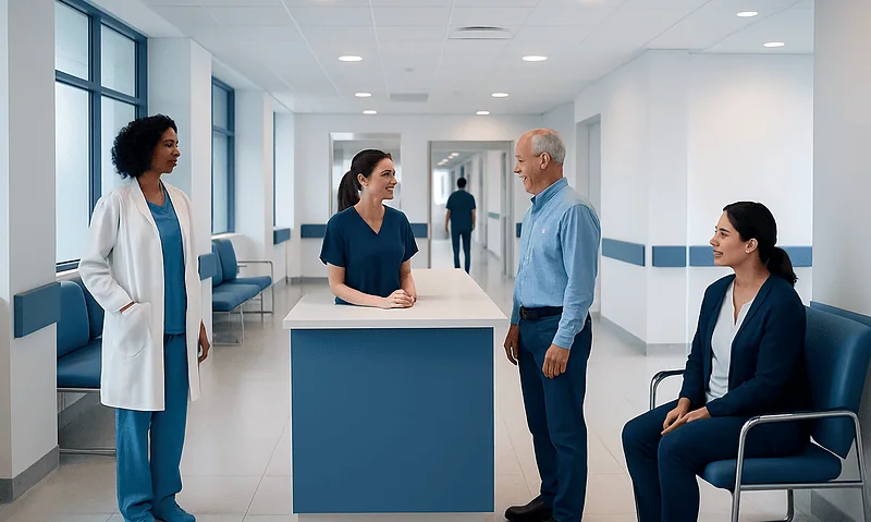 Hospital reception with medical staff and patient in a modern clinic.
