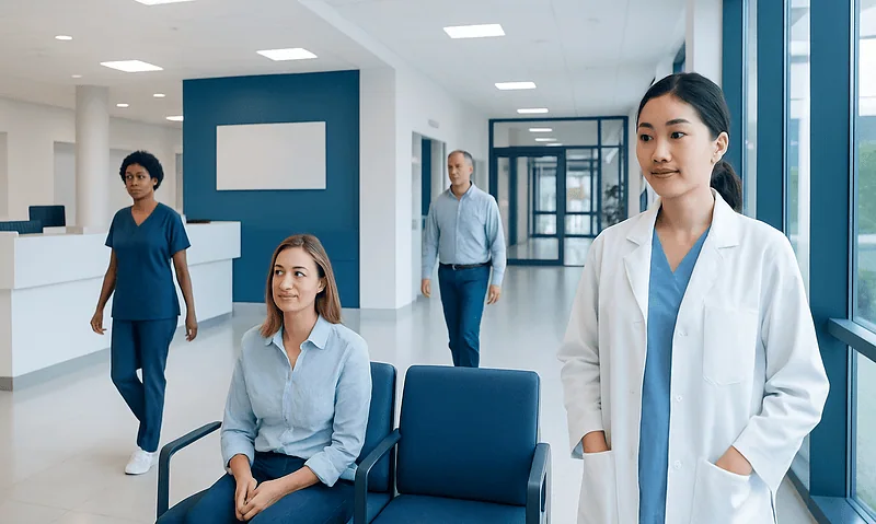 Diverse medical team in modern hospital lobby with large windows.