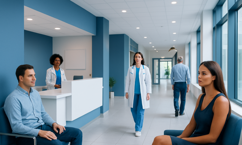 Modern hospital corridor with patients and medical staff in blue uniforms.