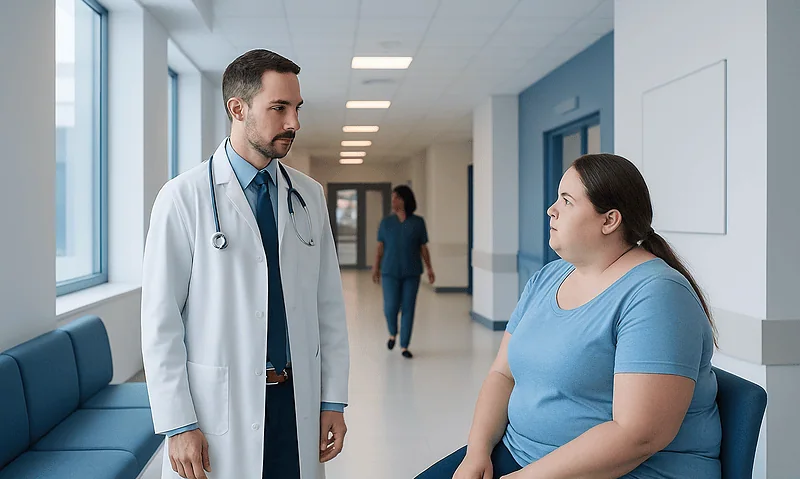 Doctor talking to a patient in a hospital corridor.
