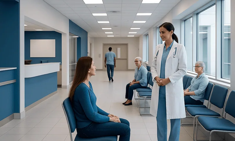 Doctor consulting patient in hospital waiting area with other patients nearby.