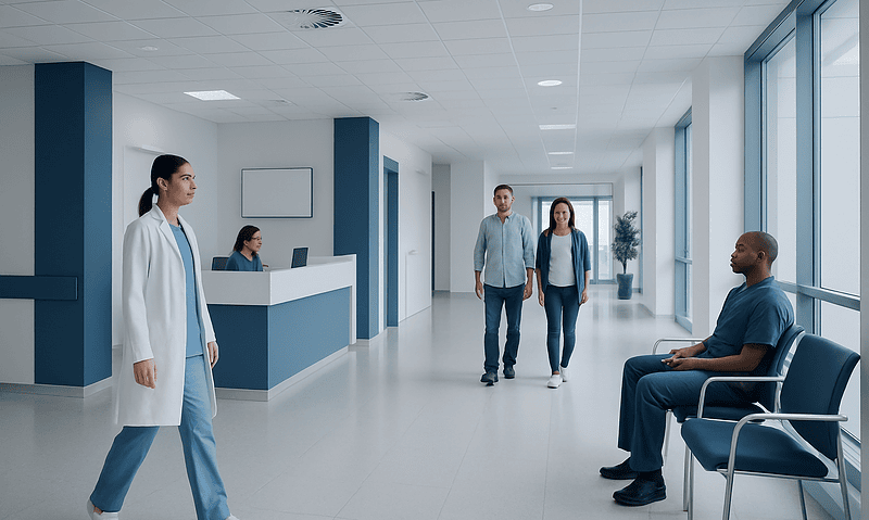 Modern hospital corridor with patients and staff in a healthcare facility.