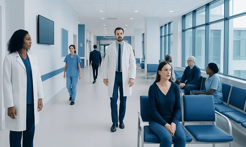 Medical professionals and patients in a modern hospital corridor.