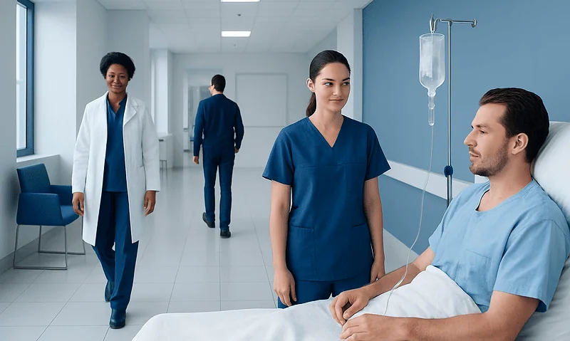 Healthcare professionals attending a patient in a hospital corridor.