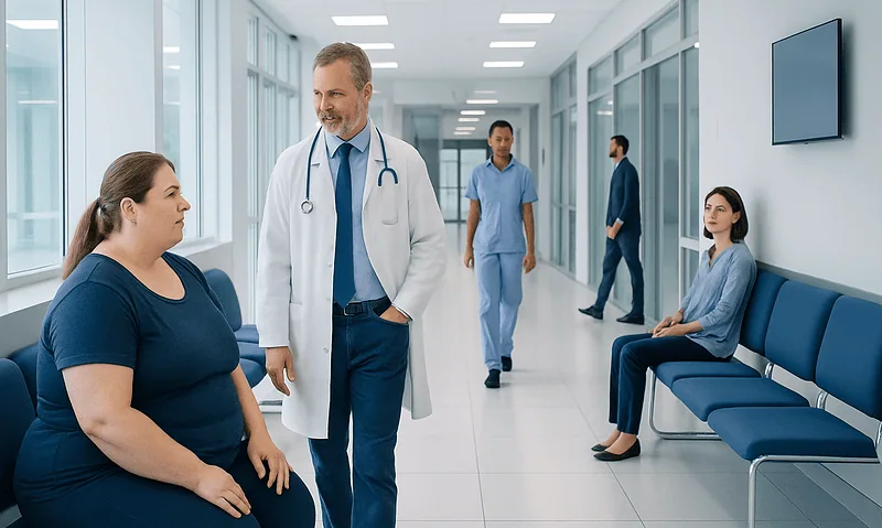 Doctor consulting with a patient in a hospital corridor at Acibadem Hospitals Group.