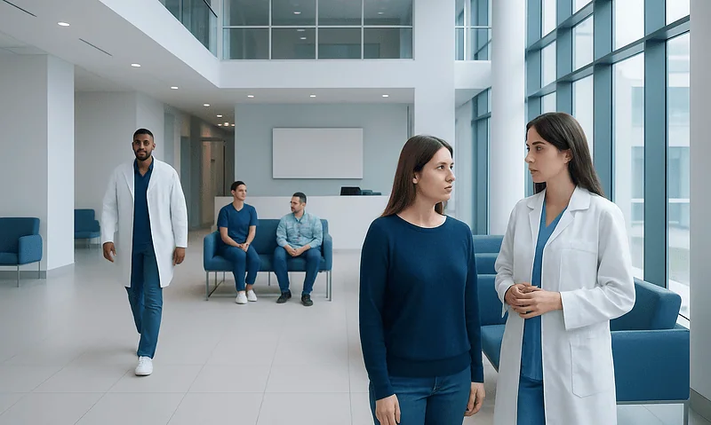 Medical professionals and patients in a modern hospital lobby.
