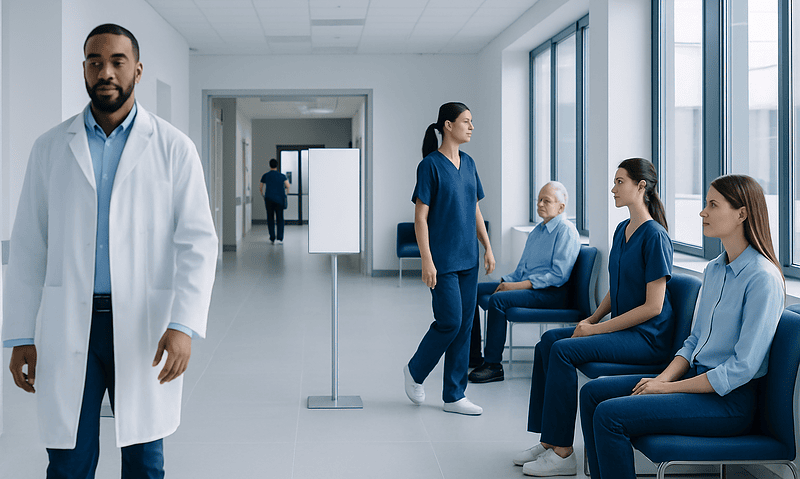 Medical staff and patients in a hospital corridor at Acibadem Hospitals Group.