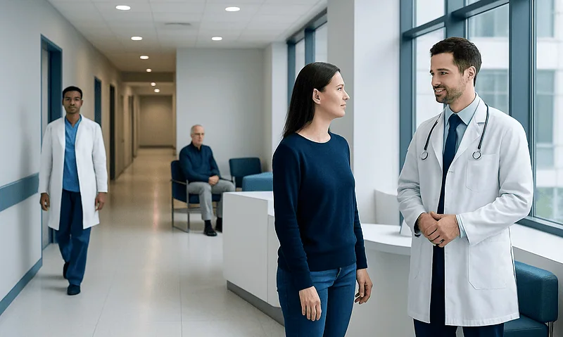 Doctor talking to a patient in a hospital corridor with medical staff in background.