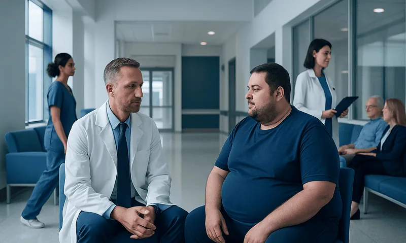 Doctor consulting with overweight patient in hospital corridor.