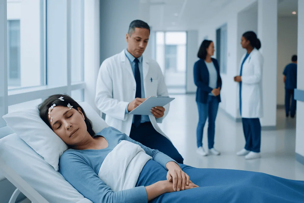 Epilepsy and Sleep: Why Seizures, Medications, and Poor Rest Can Affect Each Other 1 Young woman patient resting in hospital bed with medical staff nearby.