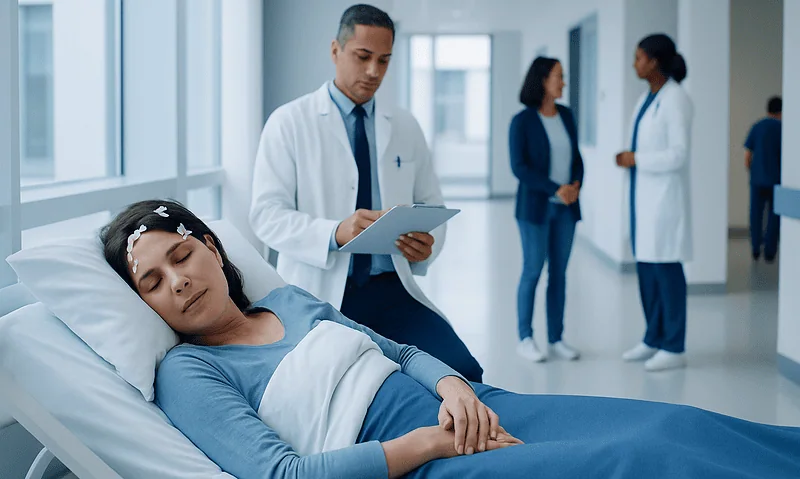 Young woman patient resting in hospital bed with medical staff nearby.