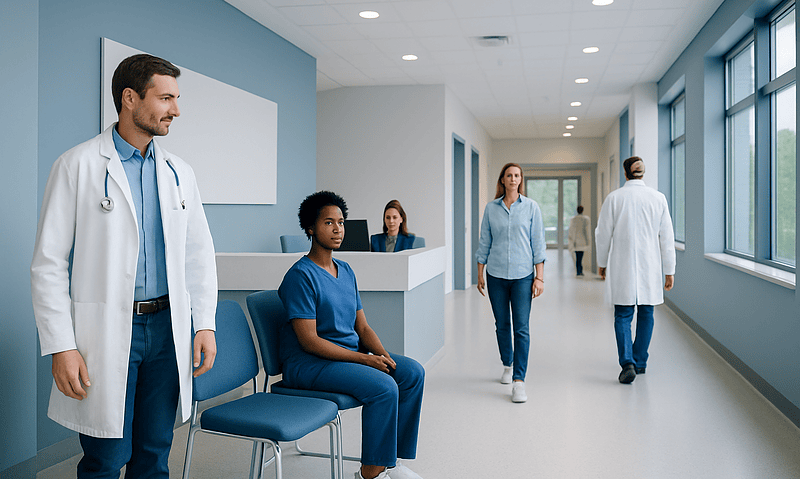 Healthcare professionals and patient in a hospital corridor.