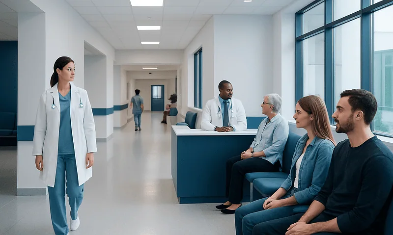 Medical staff and patients in a hospital corridor at Acibadem Hospitals Group.