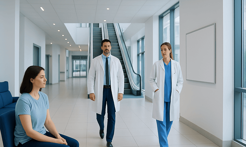 Medical professionals consulting with a patient in a modern hospital corridor.