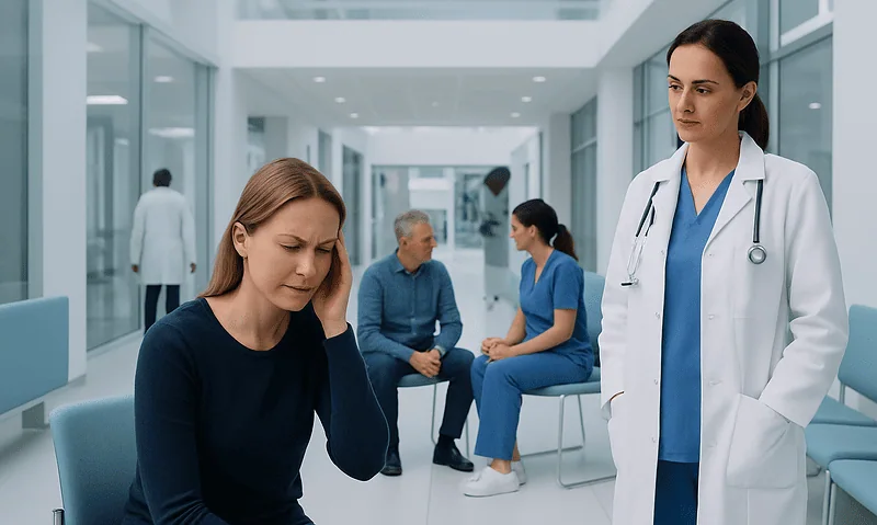 Patient experiencing headache in a hospital waiting area with medical staff nearby.
