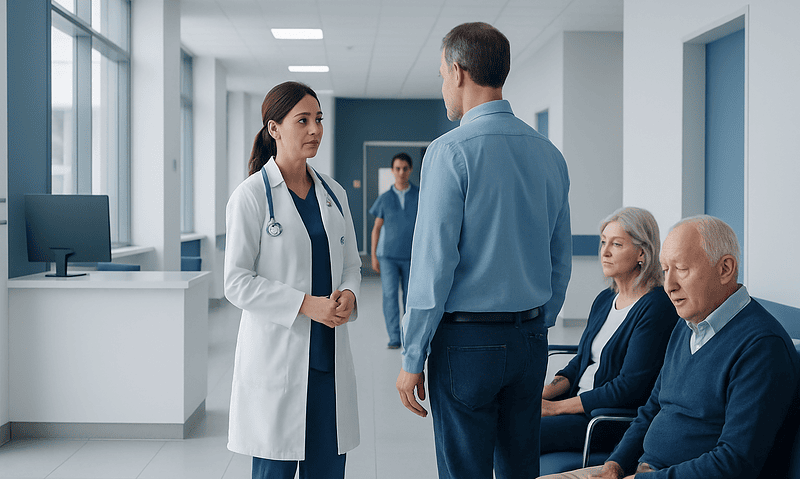 Doctor consulting with a patient in a hospital corridor with elderly patients nearby.