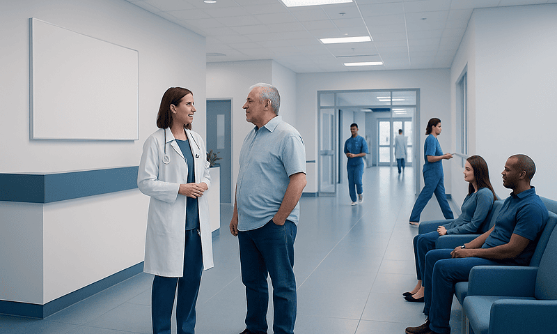 Doctor talking to patient in hospital corridor with waiting area.