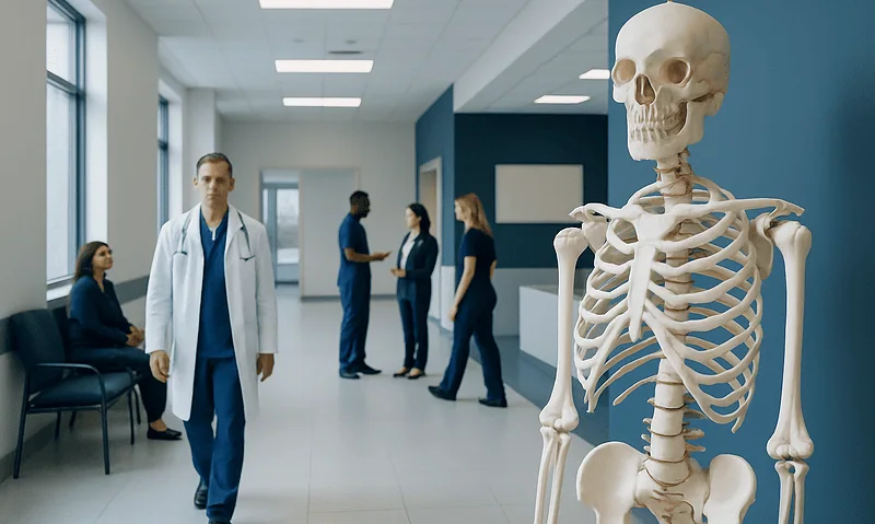 Medical professionals and a skeleton model in a hospital corridor.
