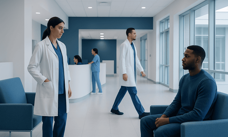 How to heal mouth sores? A Doctor-Reviewed Answer 6 Medical professionals consulting with a patient in a modern hospital lobby.
