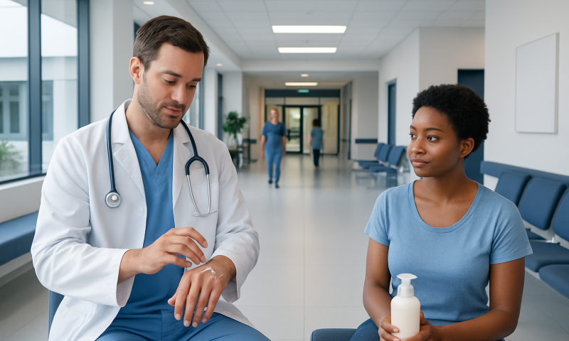 Doctor applying hand sanitizer to a patient in a hospital corridor.