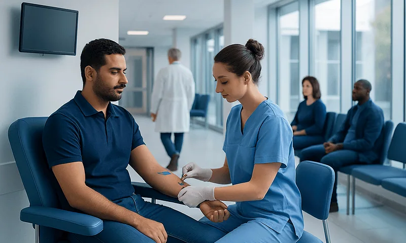 Doctor drawing blood from a patient in a hospital corridor.