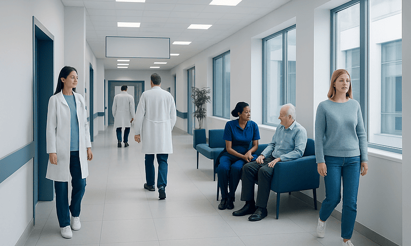 Hospital corridor with medical staff and patients in a modern healthcare facility.