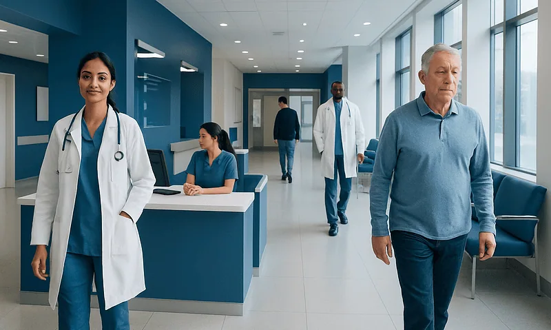 Healthcare professionals and patients in a modern hospital corridor.
