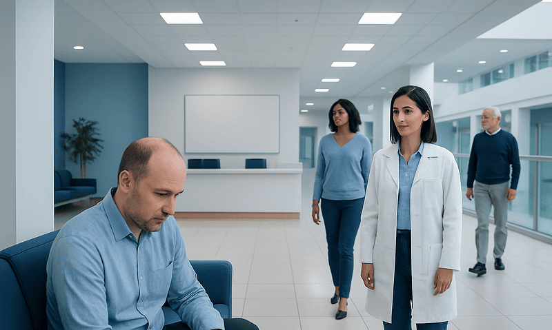 Doctor consulting with patient in modern hospital lobby.