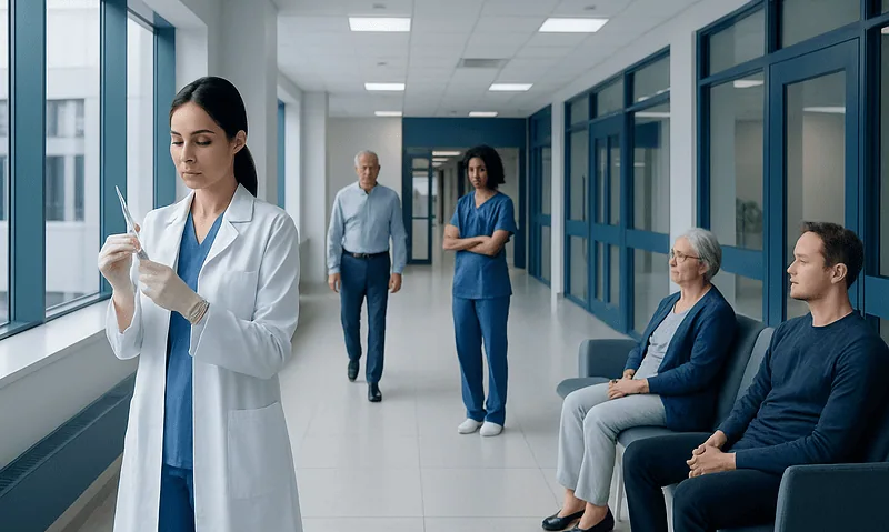 Medical professionals in a hospital corridor with a nurse preparing for a procedure.