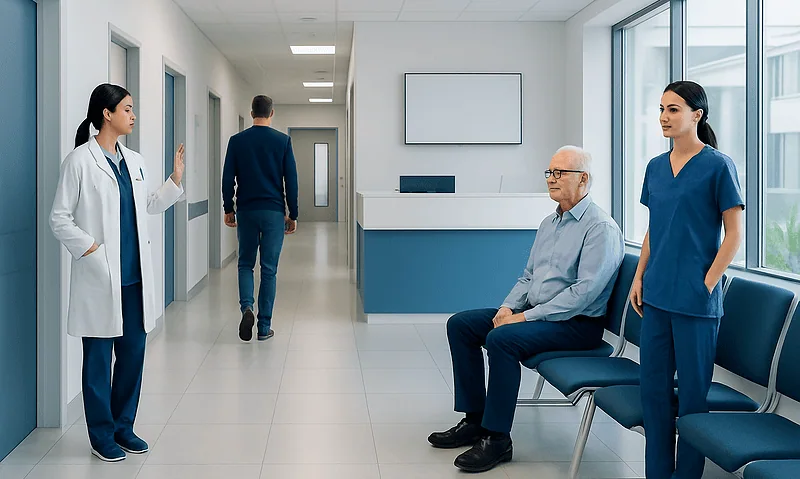 Hospital corridor with medical staff and patient in waiting area.