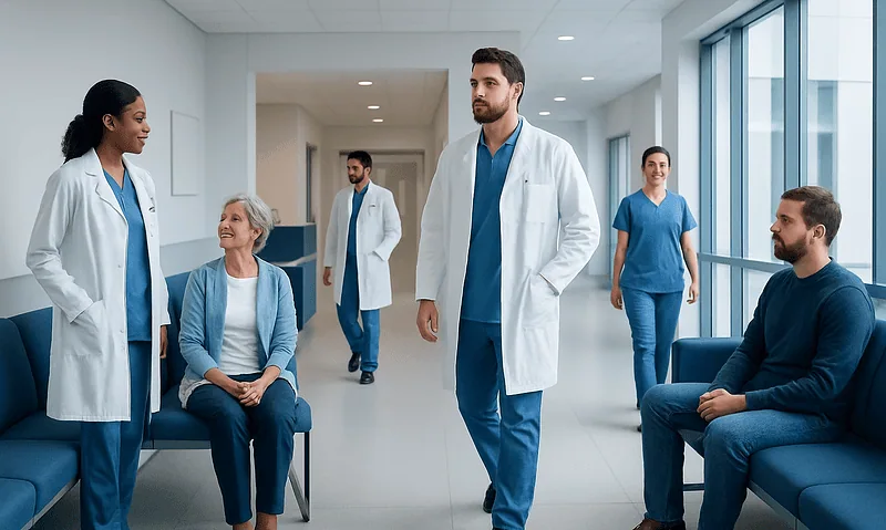 Medical team and patients in a hospital corridor at Acibadem Hospitals Group.