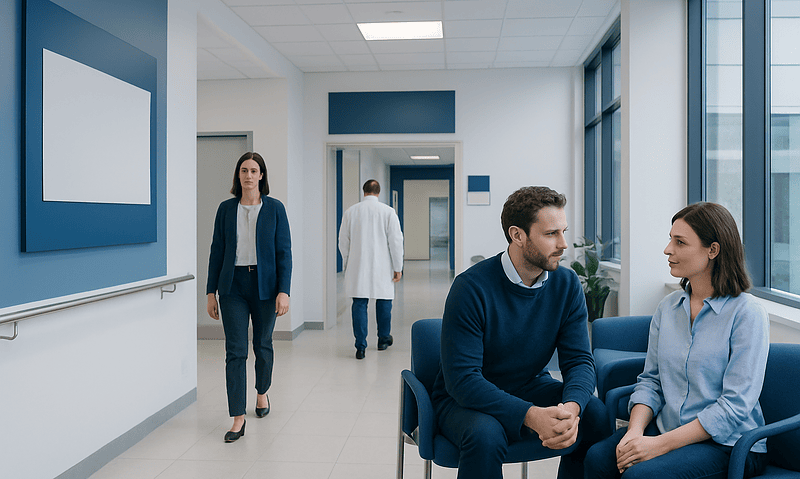 Patients waiting and consulting in a modern hospital corridor.