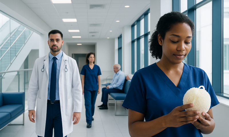 Healthcare professionals in a modern hospital corridor with a patient in the background.