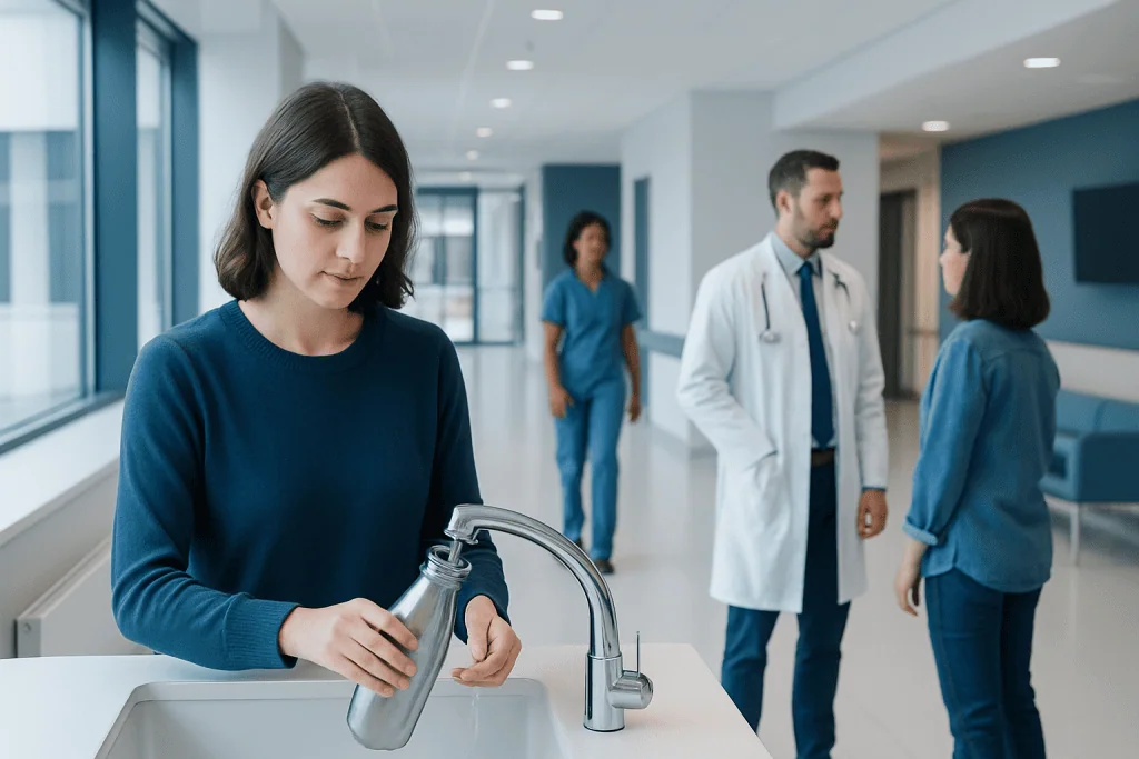 How to Clean Stainless Steel Water Bottle? A Doctor-Reviewed Answer 1 Young woman cleaning a stainless steel water bottle in a hospital setting.
