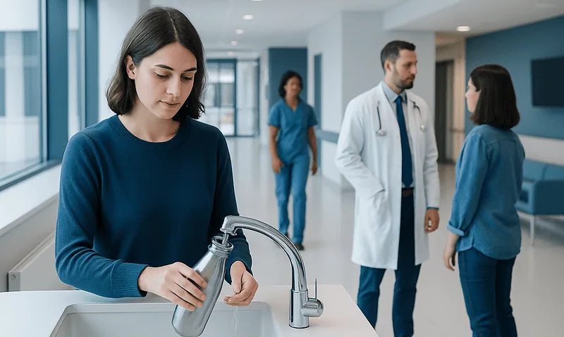 Young woman cleaning a stainless steel water bottle in a hospital setting.