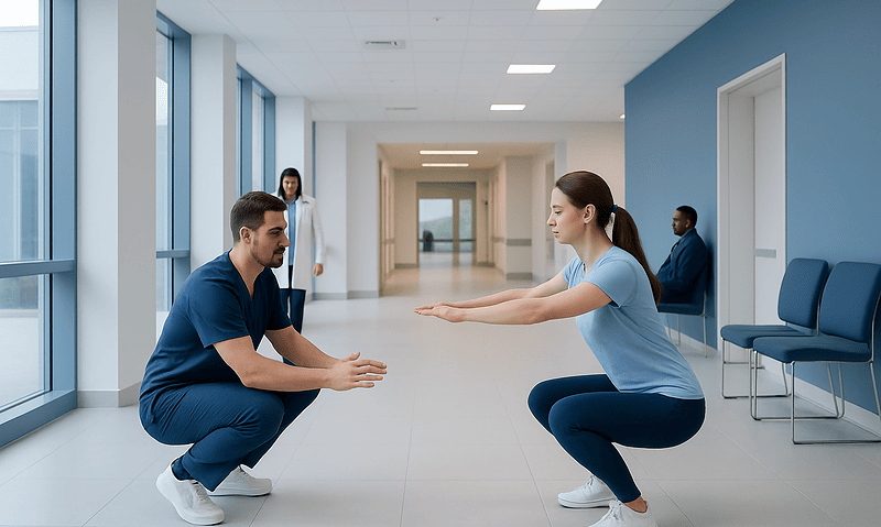 Physical therapy session with a female patient and male therapist in hospital corridor.