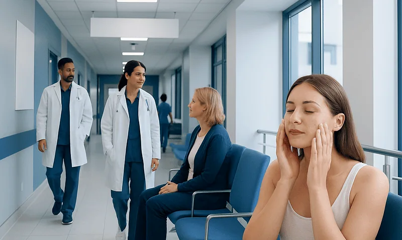 Patient experiencing skin discomfort at a hospital waiting area.