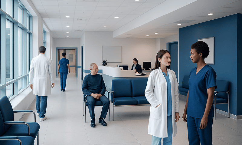 Modern hospital lobby with medical staff and patient seating area.