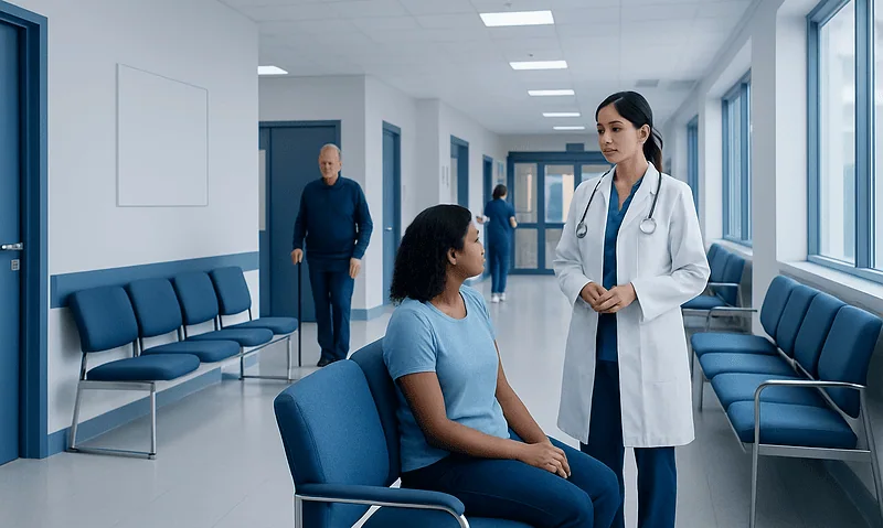 Doctor consulting a patient in a hospital corridor with other staff in background.