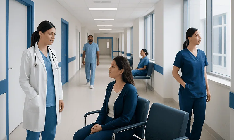 Healthcare professionals and patient in hospital corridor at Acibadem Hospitals Group.