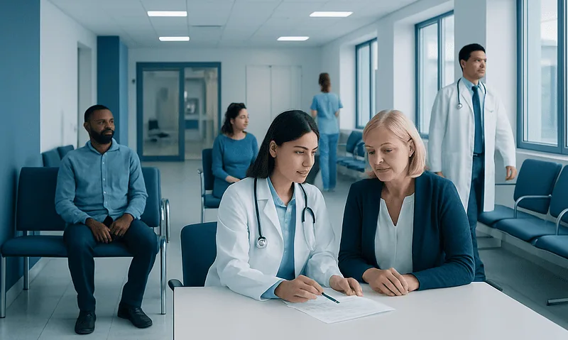 Medical professionals and patients in a hospital waiting area.