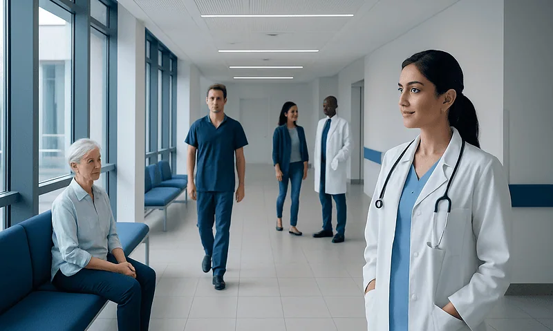 Healthcare professionals and a patient in a modern hospital corridor.