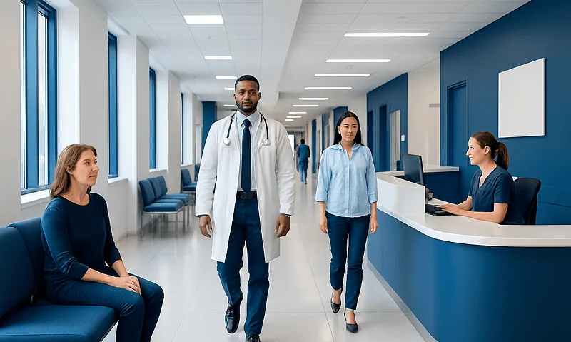 Healthcare professionals and patients in a modern hospital corridor.
