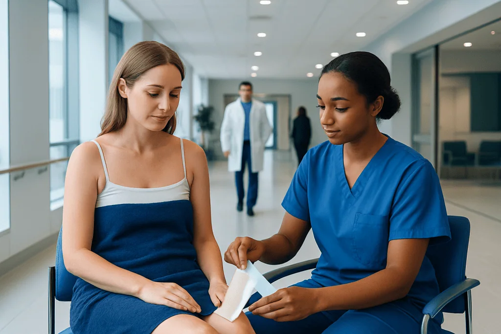 Removing Hair Removal Wax — Explained by Medical Evidence, Not Myths 1 Medical professional examining patient's leg in hospital corridor.