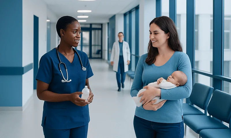 Mother with newborn talking to nurse in hospital corridor.